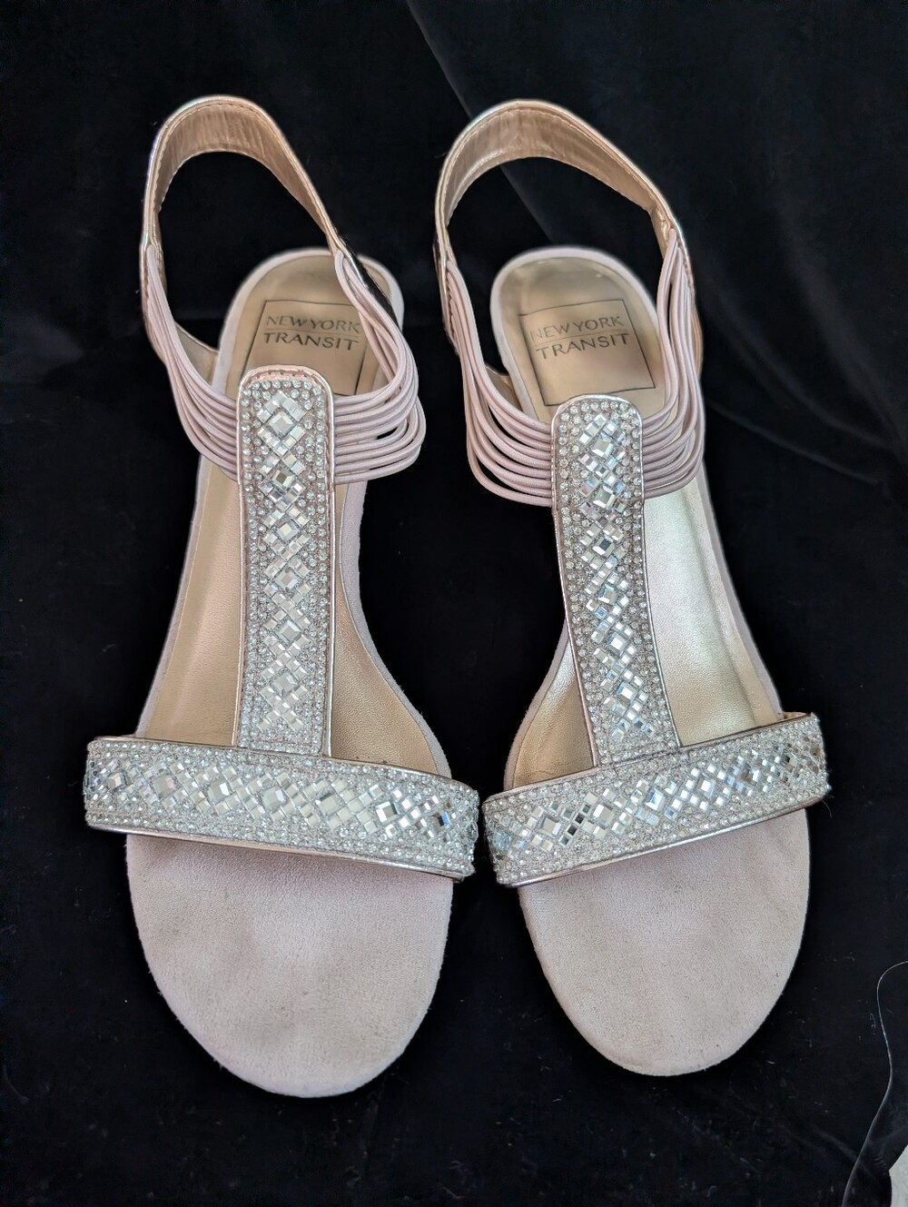 New York Transit Women’s Blush Pink T‑Strap Rhinestone Sandals